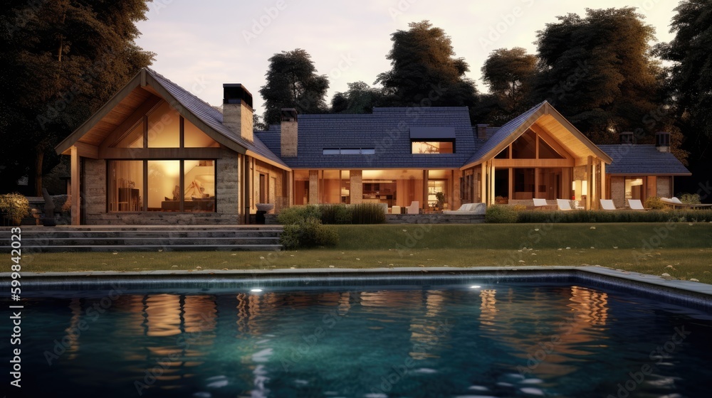 Luxury country house with open swimming pool. Generative ai