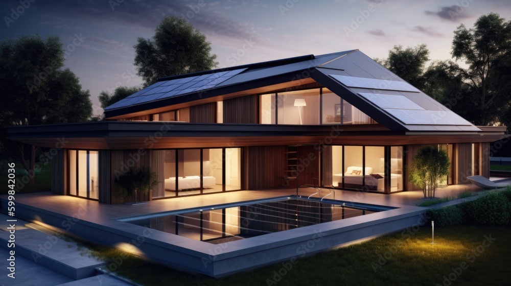 Solar panels on the roof of a beautiful home. Generative ai