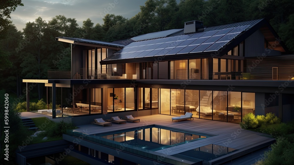 Solar panels on the roof of a beautiful home. Generative ai