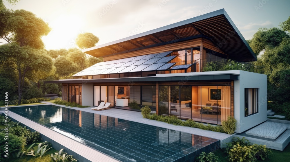 Solar panels on the roof of a beautiful home. Generative ai