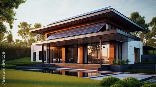 Solar panels on the roof of a beautiful home. Generative ai © Sechaba