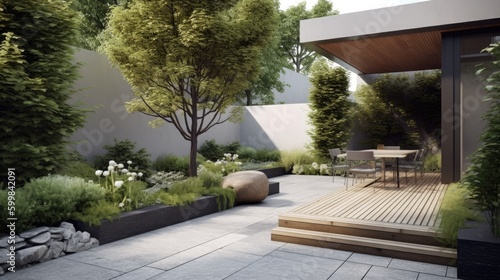 The exterior of a modern back garden patio area. Generative ai