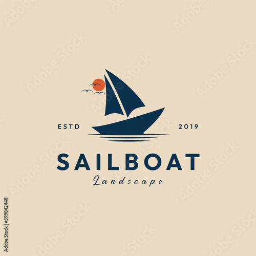 sailing boat sunset vintage logo design template vector illustration design