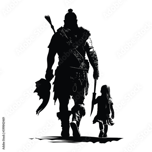 Viking dad and daughter are walking back view. Isolated on white background