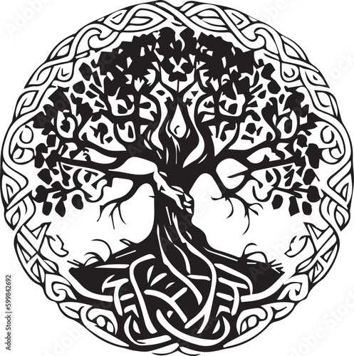 Celtic tree of life decorative Vector ornament, Graphic arts, dot work. Grunge vector illustration of the Scandinavian myths with Celtic culture. Yggdrasil Weltenbaum Wikinger.
