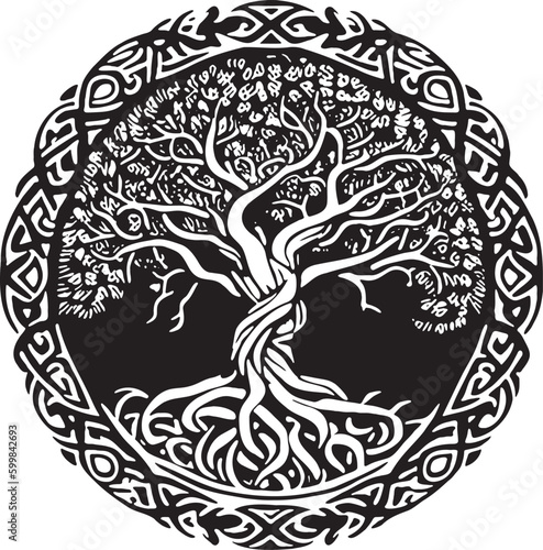 Celtic tree of life decorative Vector ornament, Graphic arts, dot work. Grunge vector illustration of the Scandinavian myths with Celtic culture. Yggdrasil Weltenbaum Wikinger.