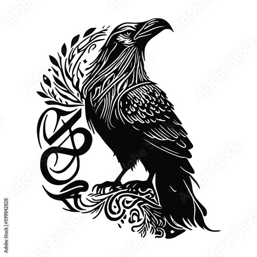 Vector illustration of a Raven. Black tribal animals tattoo, wisdom symbol. Traditional Ancient Viking sacred pattern. Sign of Celtics. Crow Norse soul.