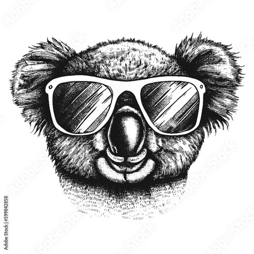 funny cool koala wearing sunglasses sketch, summer illustration