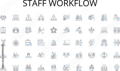 Staff workflow line icons collection. Data, Knowledge, News, Flow, Content, Communication, Pipeline vector and linear illustration. Transmission,Channel,Broadcast outline signs set