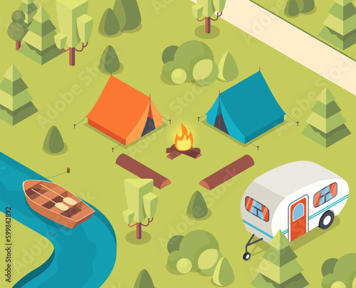 Isometric camping concept. Orange and blue tent with fire near river. Active lifestyle and hiking. Summer and spring season. Camper and bonfire. Cartoon vector illustration