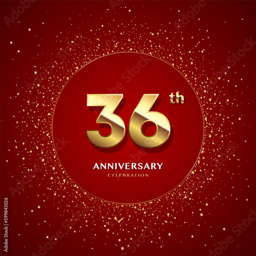 36th anniversary logo with gold numbers and glitter isolated on a red background photo