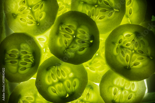 Microscopic view of cucumber pieces forming a beautiful texture pattern background
