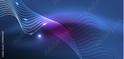 Shiny glowing neon wave. Neon light or laser show, electric impulse, power lines, techno quantum energy impulse, magic glowing dynamic lines