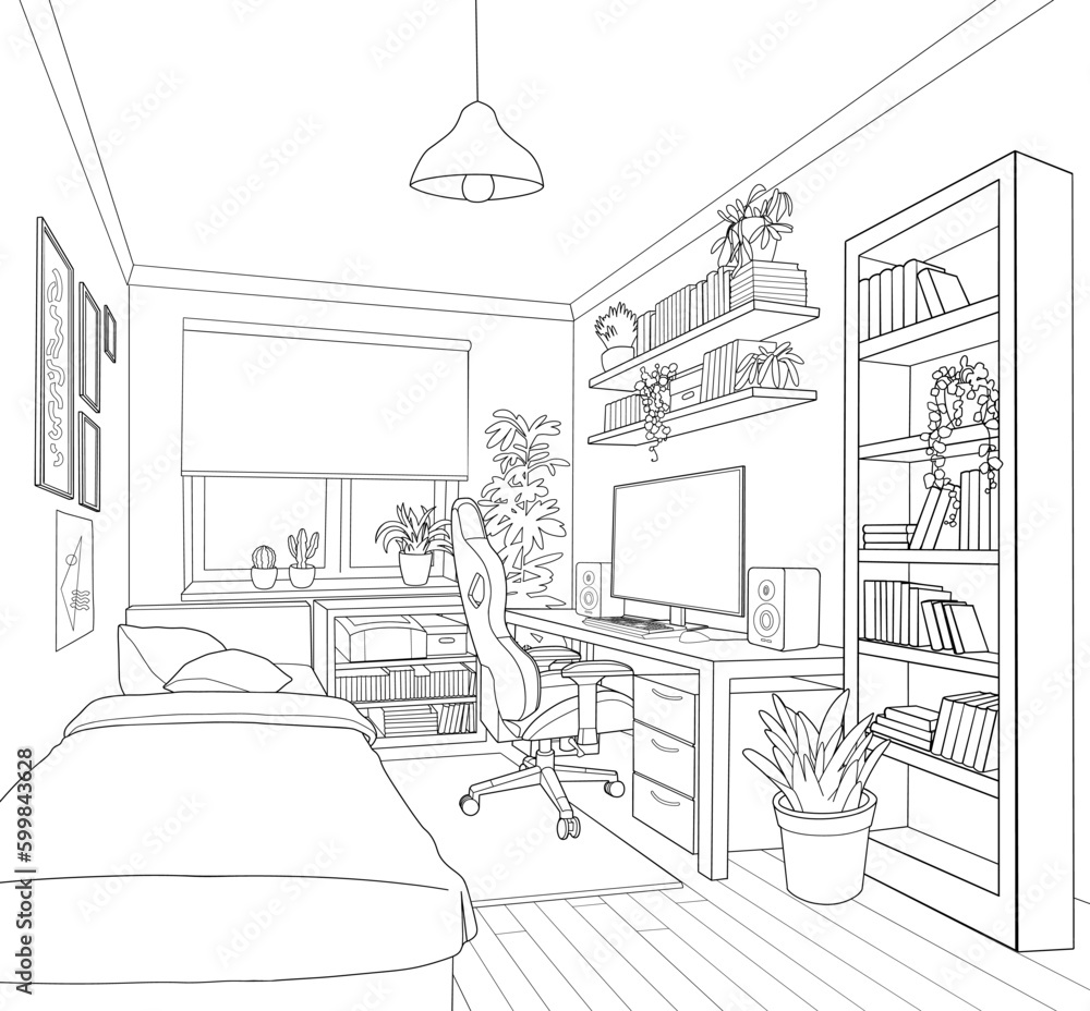 Typical interior design of a very cozy bedroom of a teenage game