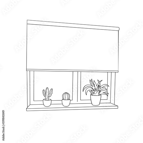 Window with a night city view, roller blackout blinds and potted plants