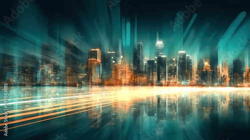 Cityscape with skyscrapers on the background, Highway with motion blur to create vision of fast speed, generative AI illustration