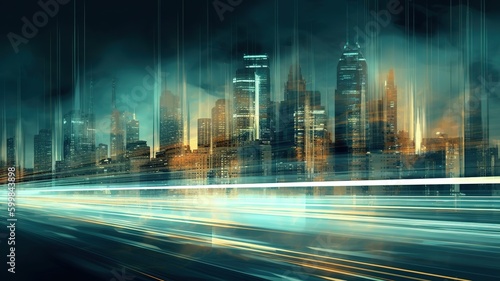 Cityscape with skyscrapers on the background  Highway with motion blur to create vision of fast speed  generative AI illustration