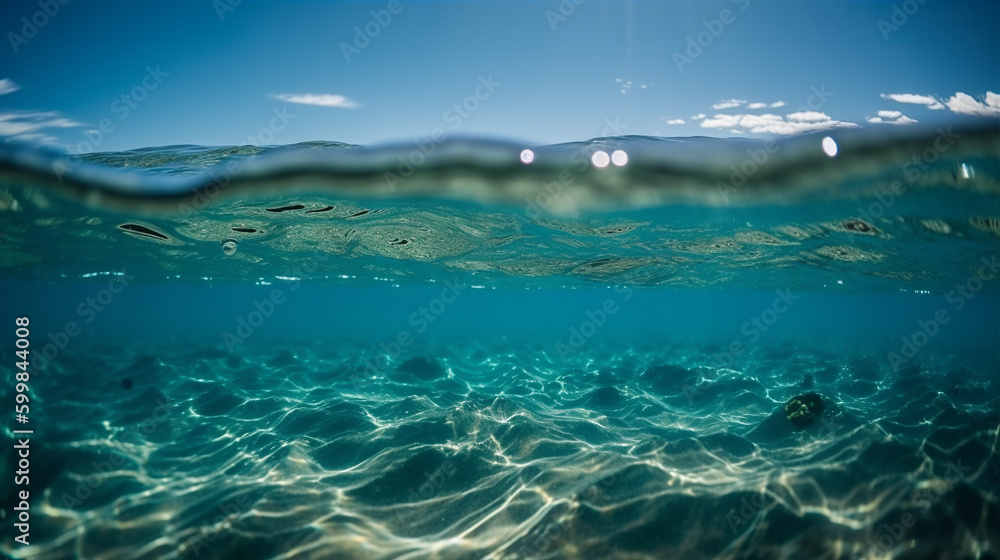 Split low level shot above and below water showing blue sky and sand ocean bed. A.I. generated.
