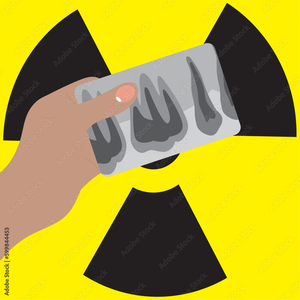 Hand holding an intraoral xray film, x ray of teeth, logo of radiation