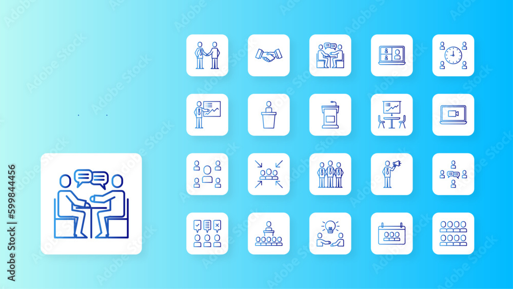 Meeting icon collection with blue gradient outline style. training, video, leadership, chat, member, cooperation, handshake. Vector Illustration Meeting icon collection with blue gradient outline style. training, video, leadership, chat, member, cooperation, handshake. Vector Illustration