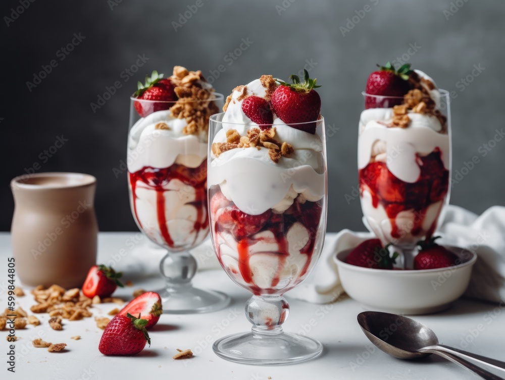Ice cream sundae with strawberry sauce on white table. Generative AI Ice cream sundae with strawberry sauce on white table. Generative AI