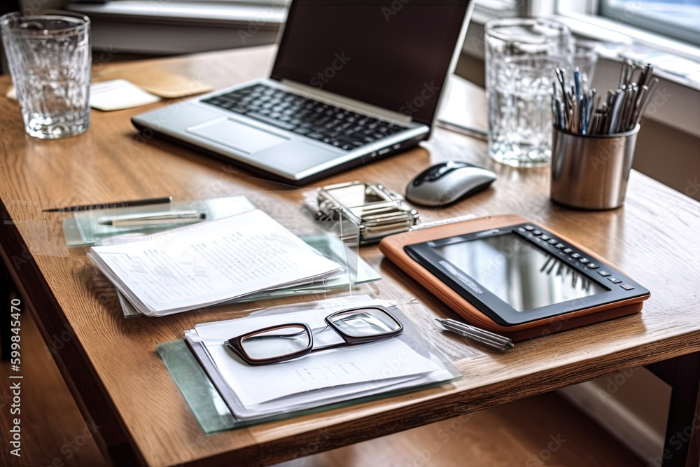 Table with papers with chart and investment graphs, pens, calculators. Table with papers with chart and investment graphs, pens, calculators.