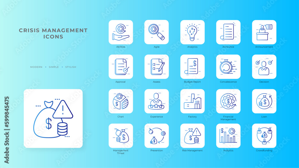 Crisis management icon collection with blue gradient outline style. investment, umbrella, process, identify, hazard, secure, team. Vector Illustration