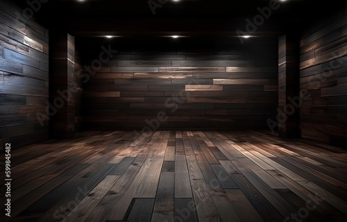 Perspective background of a wooden plank floor with wooden background wall. Generative AI.