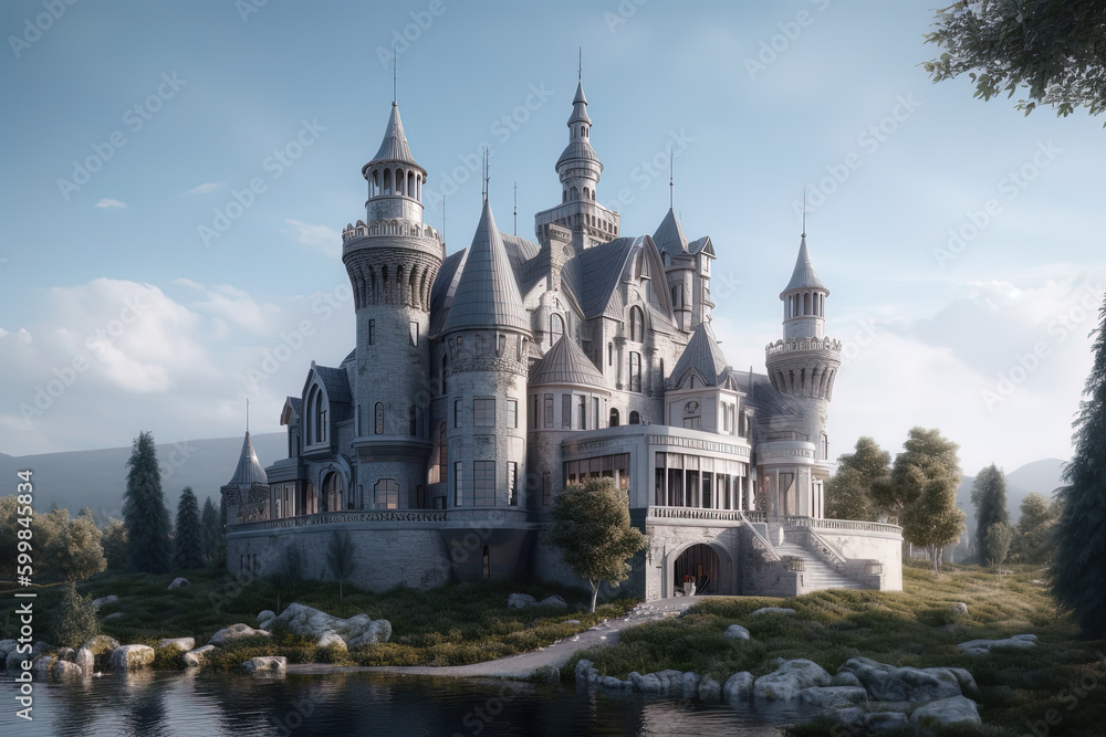 3d image of fairy-tale castle with a pond and swans, a bridge and dense vegetation,