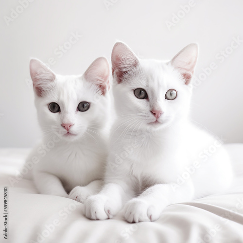 Two white cats with different colored eyes laying on a white bed. Generative AI
