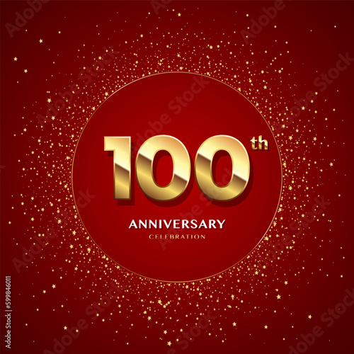 100th anniversary logo with gold numbers and glitter isolated on a red background