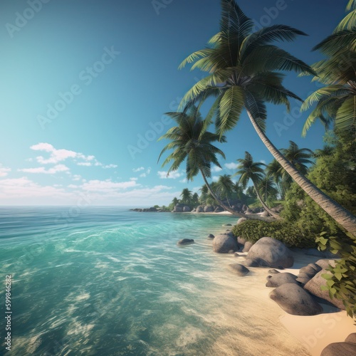 Beach with palm trees, generative ai