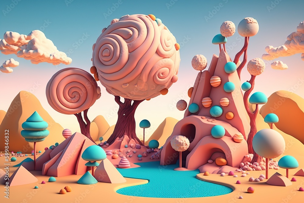 Candy planet cartoon poster with fantasy alien trees and sweets. Ai art
