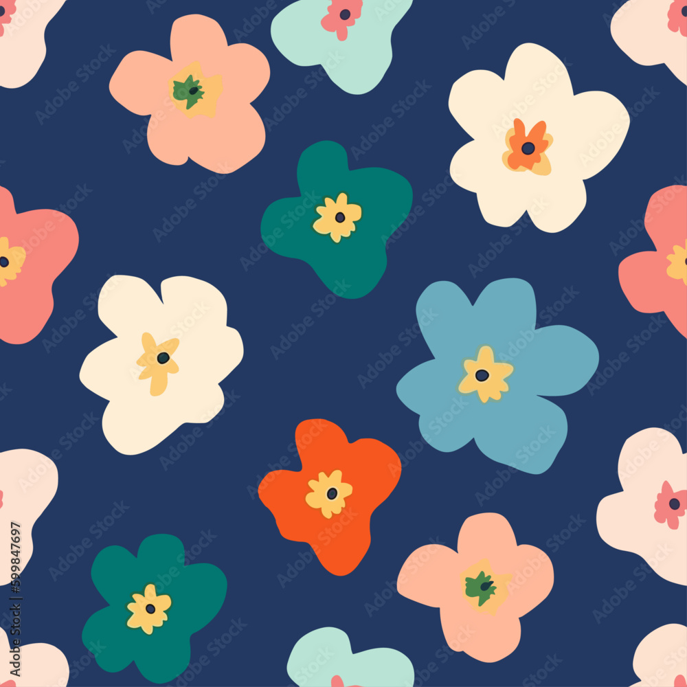 Fototapeta premium Hand drawn cute cartoon style flowers print. Modern botanical pattern