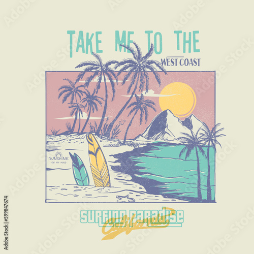palm tree with surfing beach, Endless Summer Surfing in Santa Monica beach, California, Retro summer beach design for apparel and others. California santa monica beach t-shirt design. Beach vibes artw
