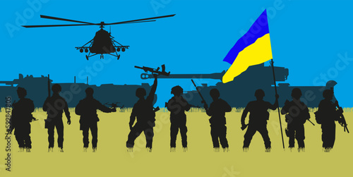 Silhouettes of Ukrainian soldiers fighting for their freedom. Vector graphics.