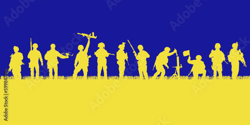 Silhouettes of soldiers on the background of Ukrainian symbols. Vector graphics.