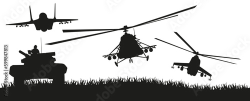 Silhouettes of military equipment, namely helicopters and tanks and a fighter jet.