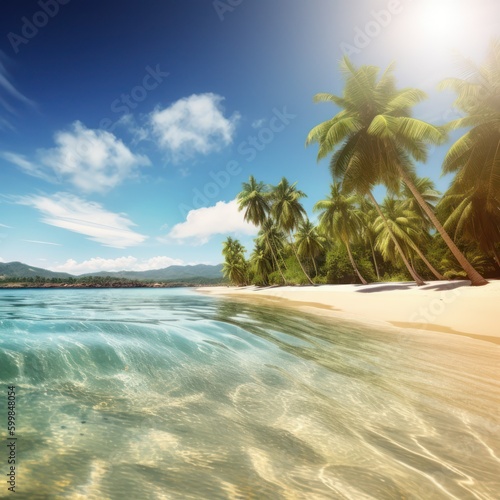 Sunny tropical beach with palm leaves, generative ai