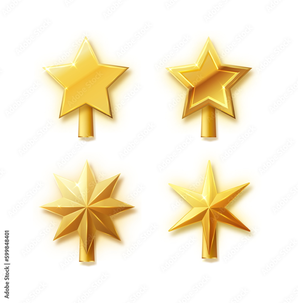 Christmas gold tree topper vector. 3d realistic golden star decoration in deco style, decorative traditional shiny design for top of Xmas pine tree in winter season isolated on white. Christmas gold tree topper vector. 3d realistic golden star decoration in deco style, decorative traditional shiny design for top of Xmas pine tree in winter season isolated on white.