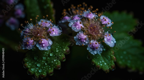 Background of Ageratum houstonianum, flossflower, bluemink, blueweed or Mexican paintbrush with raindrops created with generative AI technology photo