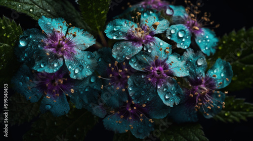 Background of Ageratum houstonianum, flossflower, bluemink, blueweed or Mexican paintbrush with raindrops created with generative AI technology