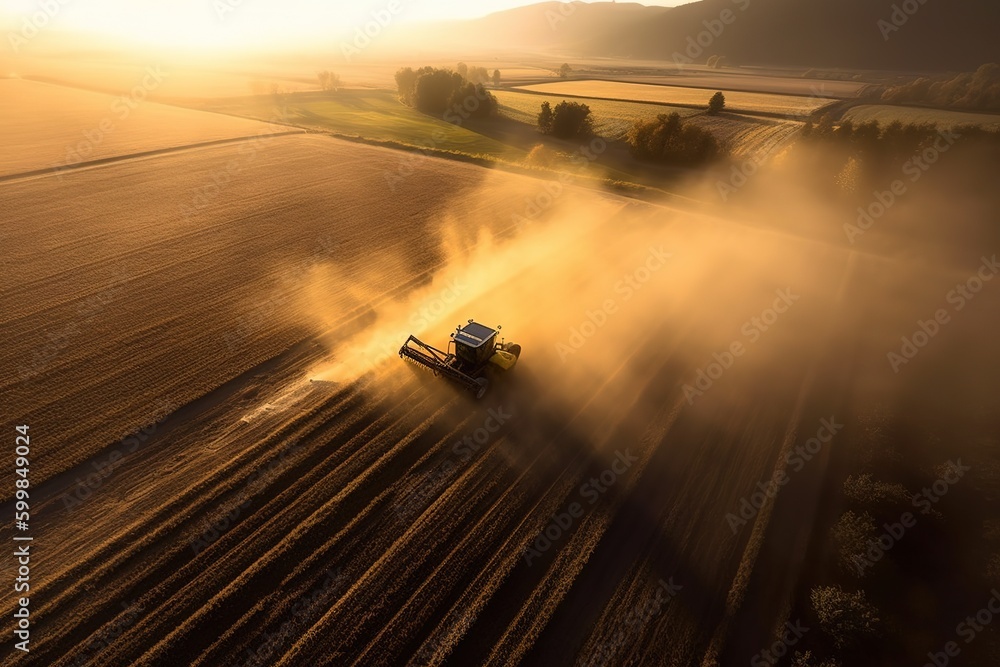 Fototapeta premium aerial view of a tractor spraying a field