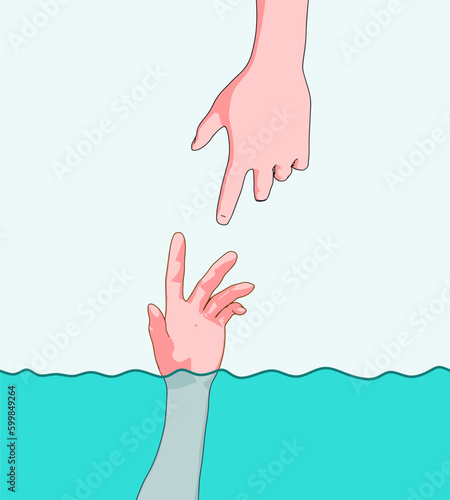 Help hand for drowning person. Life saving in sea or ocean. Psychology support