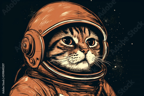 Cat is wearing an astronaut helmet. Science fiction illustration of a cat astronaut exploring the universe on a black background. Generative AI
