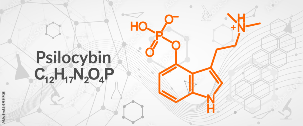 Psilocybin alkaloid molecule. It is naturally psychedelic prodrug. Structural chemical formula. Psilocybin alkaloid molecule. It is naturally psychedelic prodrug. Structural chemical formula.