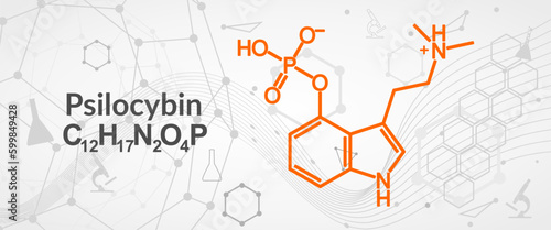 Psilocybin alkaloid molecule. It is naturally psychedelic prodrug. Structural chemical formula.