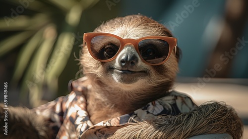 Cute baby sloth sunbathing in the Maldives, Generative AI
