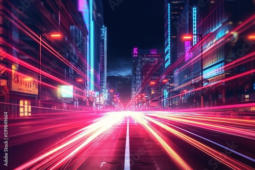 Car lights speed motion. Ai art. Night cityscape 