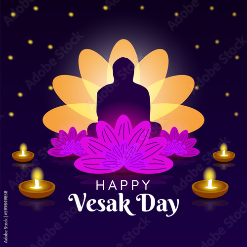happy vesak day, greeting card and poster design for vesak day. Vesak Day is a holy day for Buddhists. silhouette of buddha statue and lotus flower